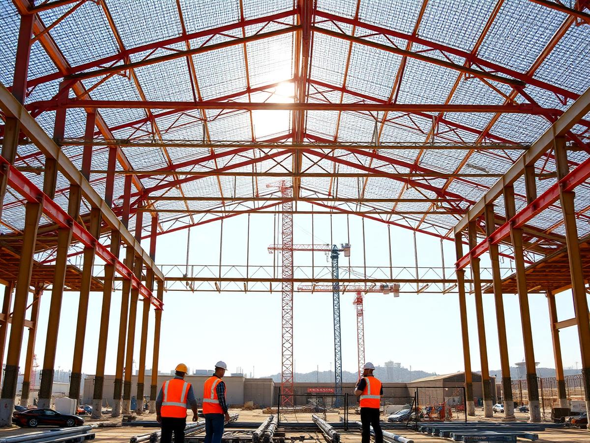 Hală industrială cu structură metalică în curs de execuție