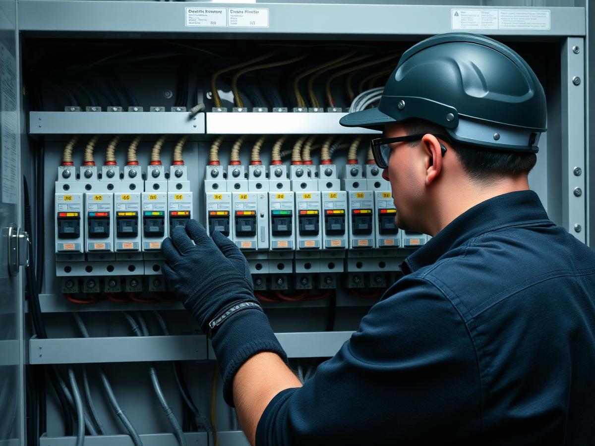 Electrician lucrând la un tablou electric cu siguranțe automate
